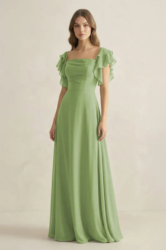 Ruffled Sleeves A-Line Chiffon Bridesmaid Dress in Matcha made by KissProm