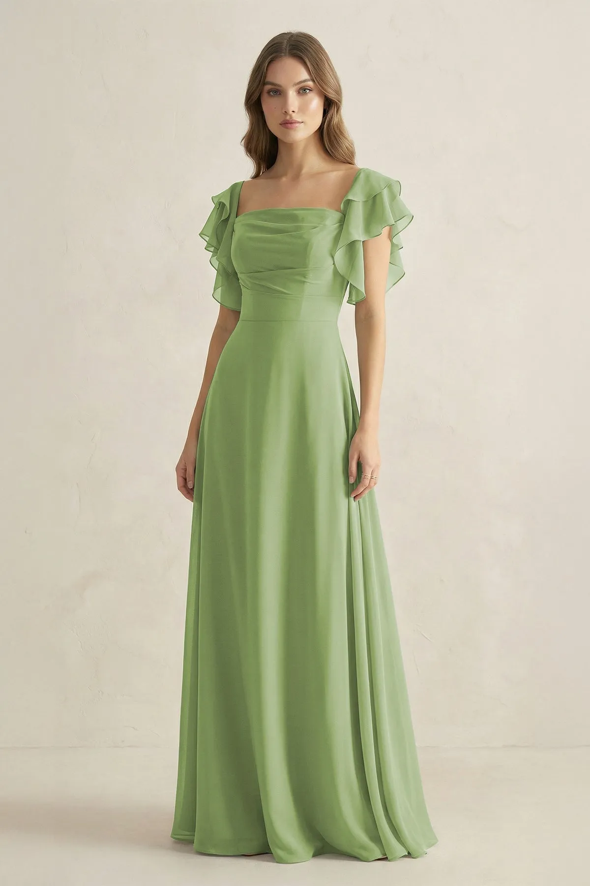Ruffled Sleeves A-Line Chiffon Bridesmaid Dress in Matcha sold by KissProm