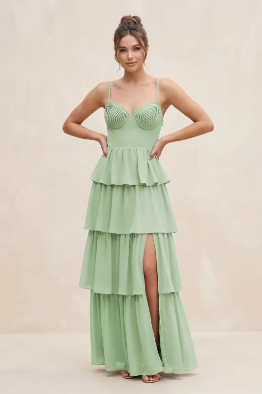 Cami Strap Tiered A-Line Chiffon Bridesmaid Dress in Sage made by KissProm