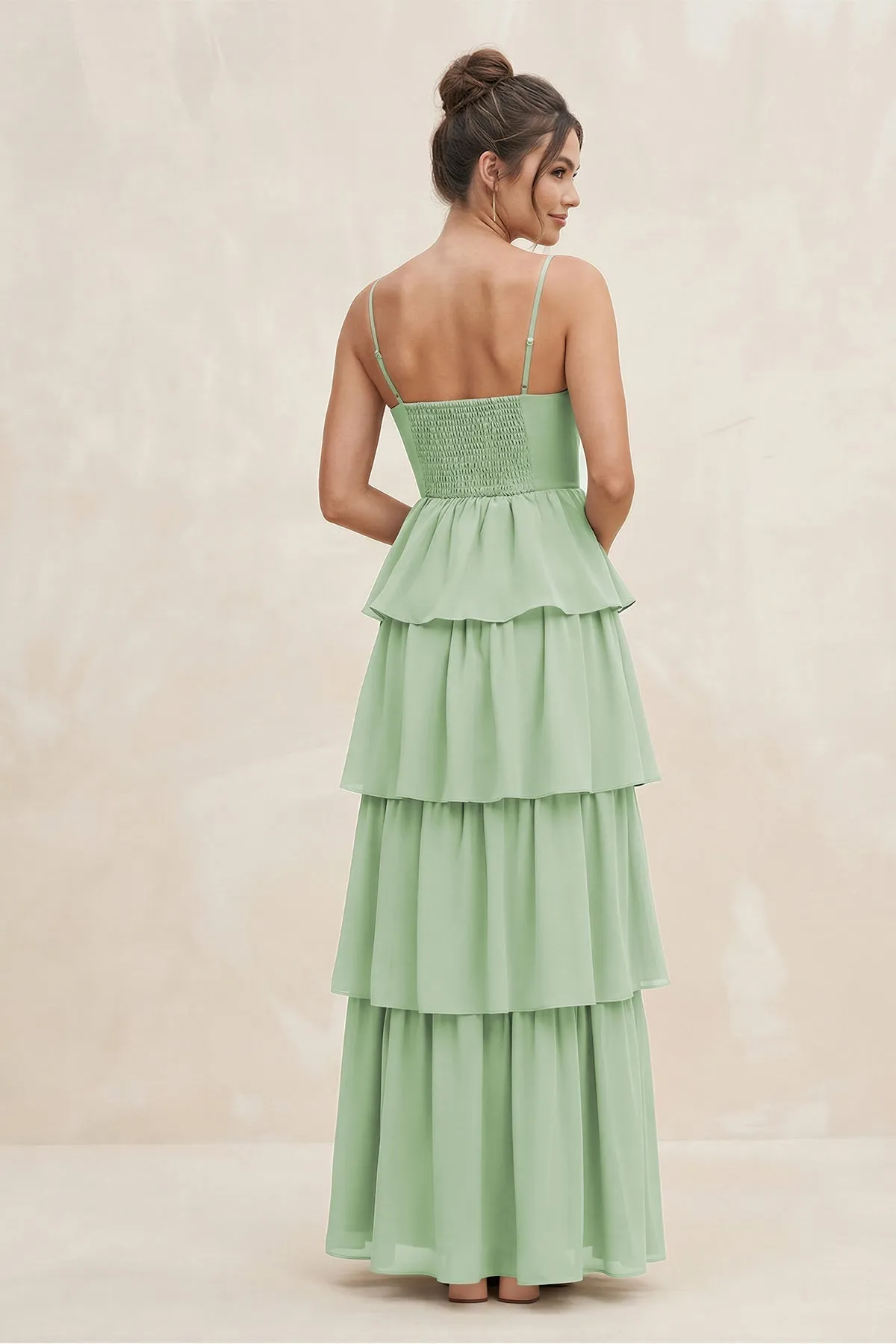 Cami Strap Tiered A-Line Chiffon Bridesmaid Dress in Sage sold by KissProm product image thumbnail 2