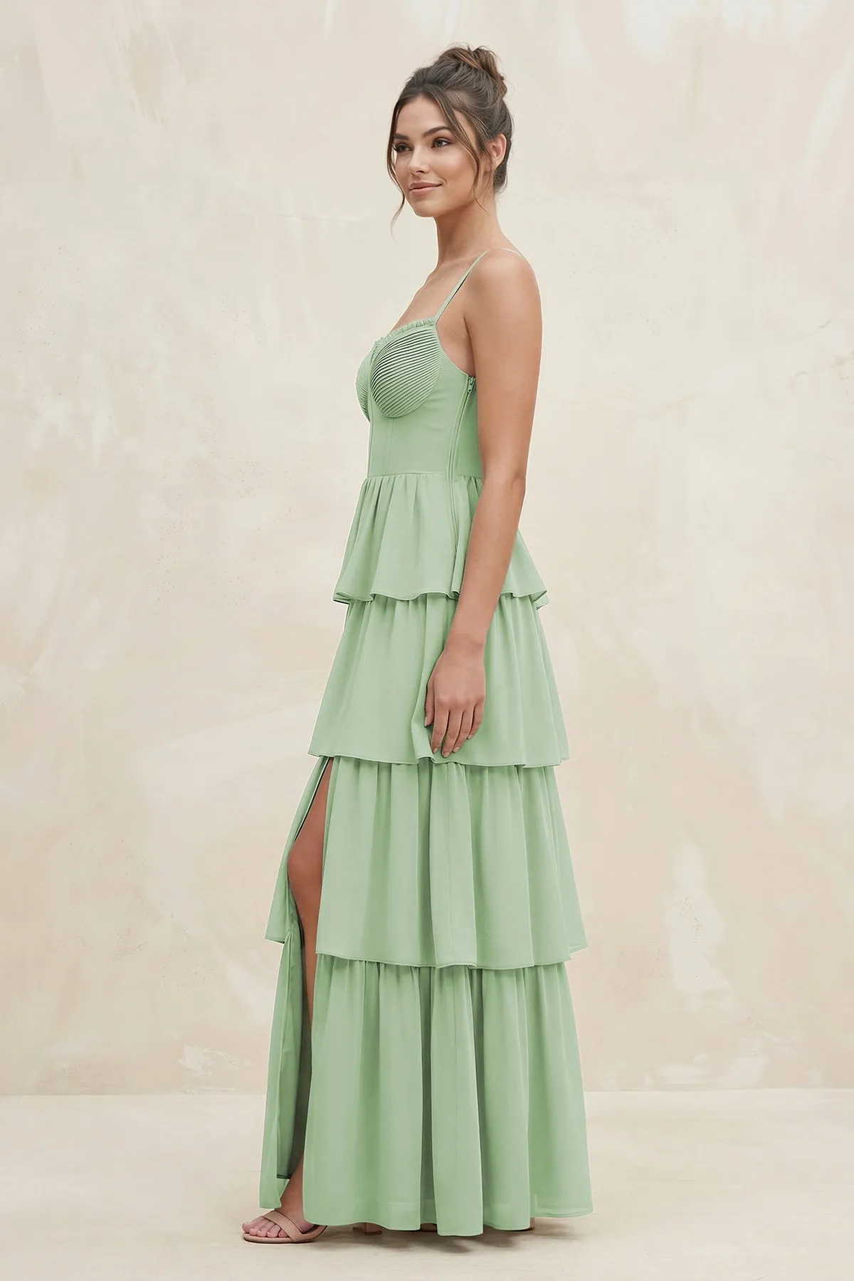 Cami Strap Tiered A-Line Chiffon Bridesmaid Dress in Sage sold by KissProm product image thumbnail 3