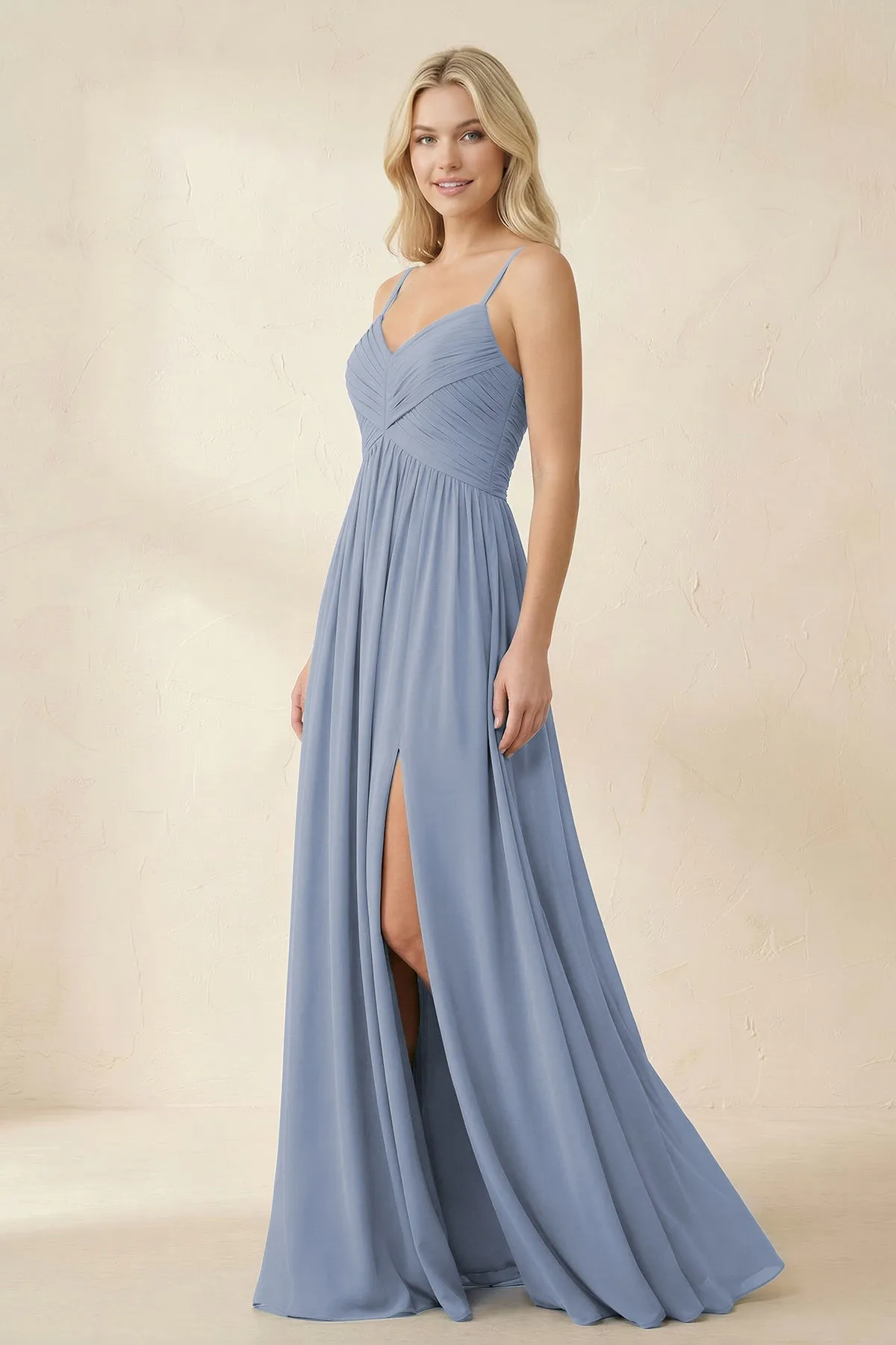 Cami Strap Chiffon A-Line Bridesmaid Dress with Slit in Twilight sold by KissProm product image thumbnail 3