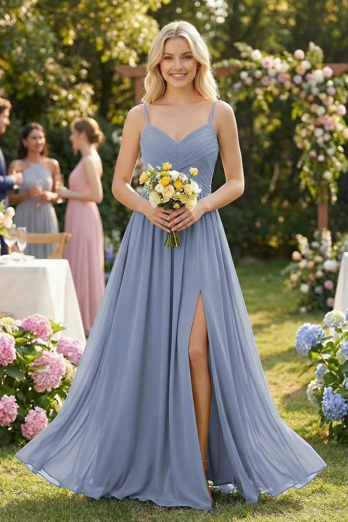Cami Strap Chiffon A-Line Bridesmaid Dress with Slit in Twilight sold by KissProm product image thumbnail 4