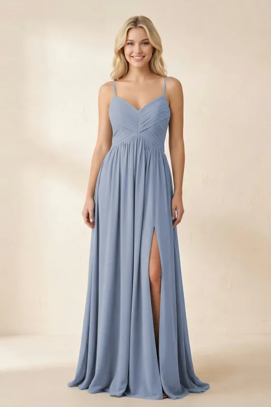 Cami Strap Chiffon A-Line Bridesmaid Dress with Slit in Twilight made by KissProm