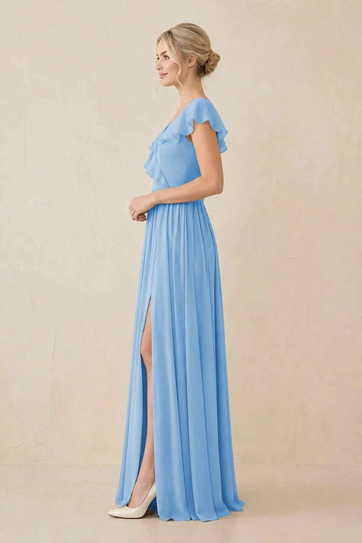 Cap Sleeve A-Line Ruffled Chiffon Bridesmaid Dress in Steel Blue sold by KissProm product image thumbnail 3
