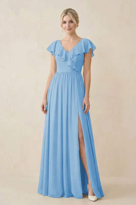 Cap Sleeve A-Line Ruffled Chiffon Bridesmaid Dress in Steel Blue made by KissProm