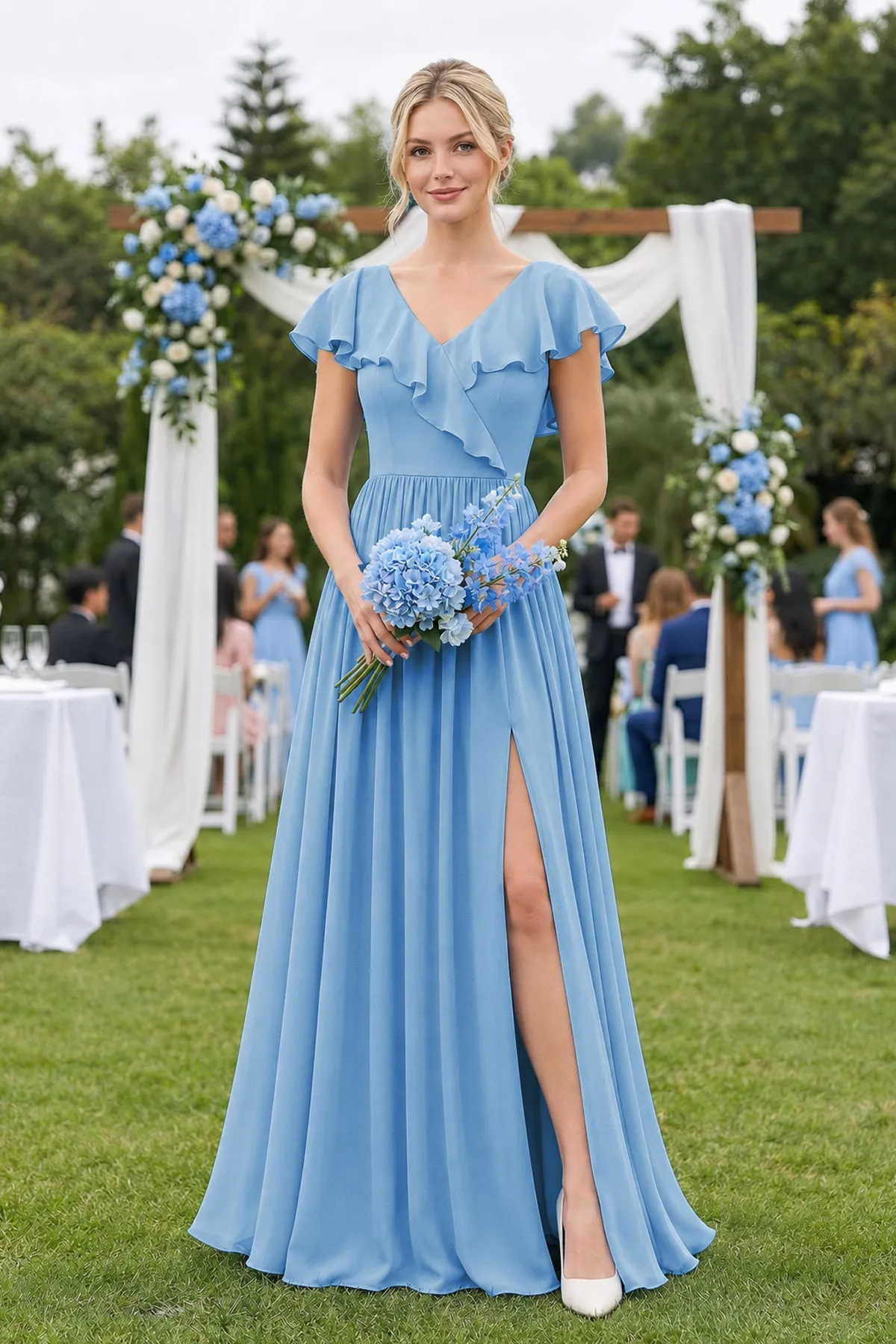 Cap Sleeve A-Line Ruffled Chiffon Bridesmaid Dress in Steel Blue sold by KissProm product image thumbnail 4