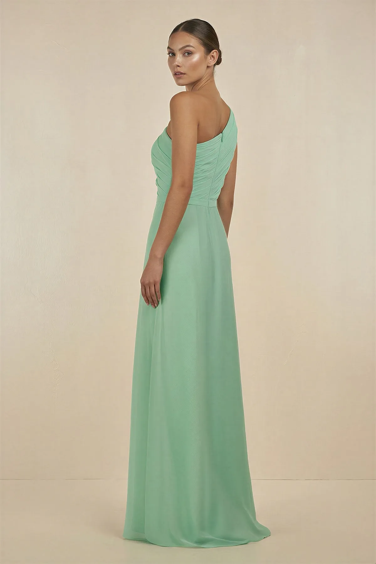 Ruffled One-Shoulder Pleated Sheath Bridesmaid Dress in Pale Pistachio sold by KissProm product image thumbnail 2
