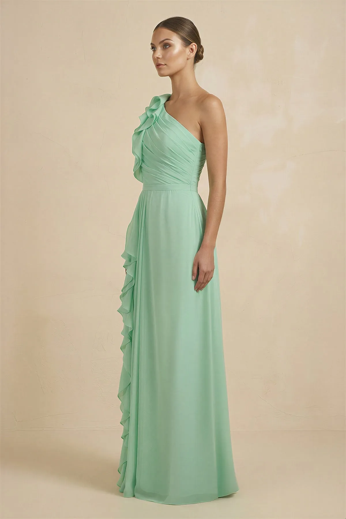 Ruffled One-Shoulder Pleated Sheath Bridesmaid Dress in Pale Pistachio sold by KissProm product image thumbnail 3
