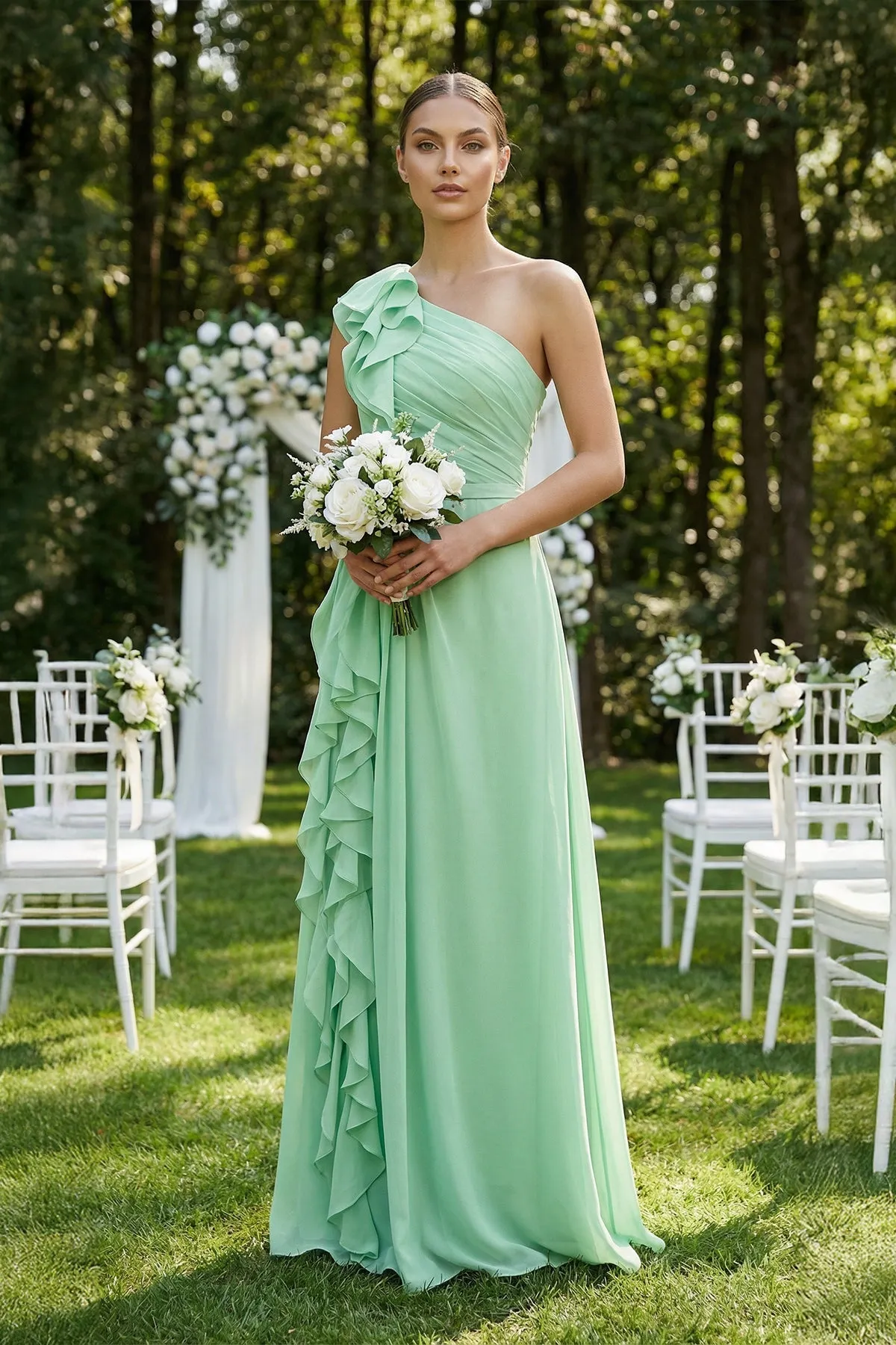 Ruffled One-Shoulder Pleated Sheath Bridesmaid Dress in Pale Pistachio sold by KissProm product image thumbnail 4