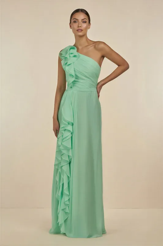 Ruffled One-Shoulder Pleated Sheath Bridesmaid Dress in Pale Pistachio made by KissProm