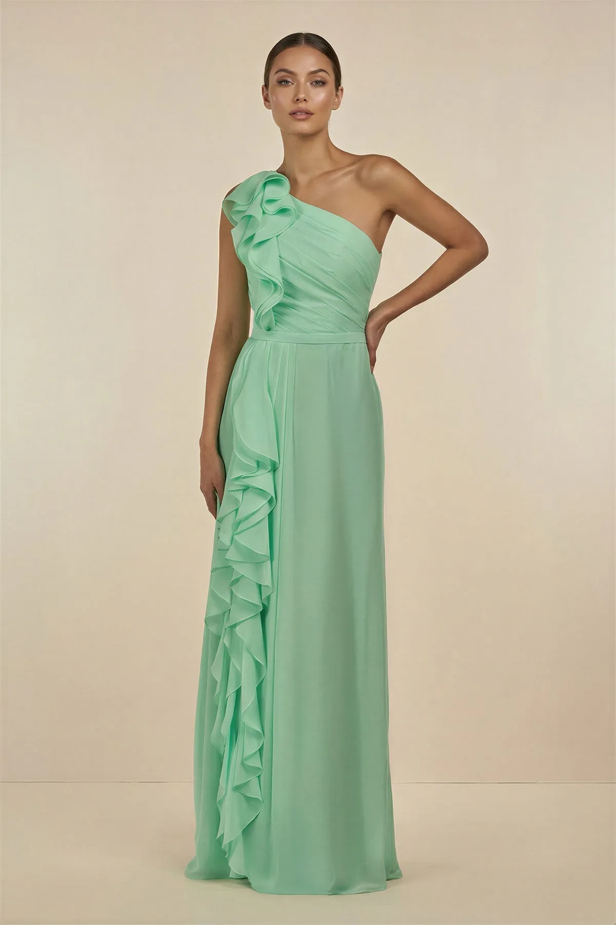 Ruffled One-Shoulder Pleated Sheath Bridesmaid Dress in Pale Pistachio sold by KissProm
