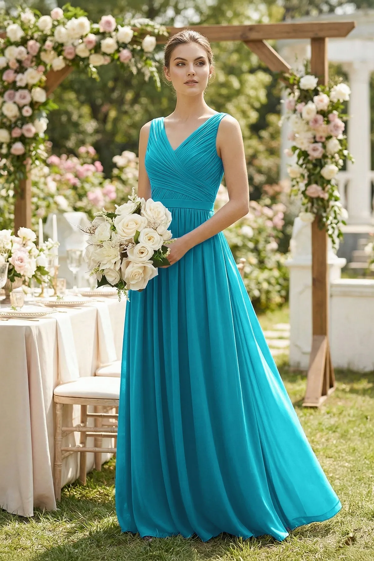 A-Line V-Neck Pleated Chiffon Bridesmaid Dress in Blue Jay sold by KissProm product image thumbnail 4