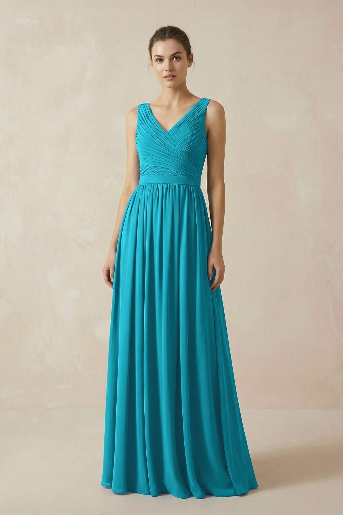 A-Line V-Neck Pleated Chiffon Bridesmaid Dress in Blue Jay sold by KissProm