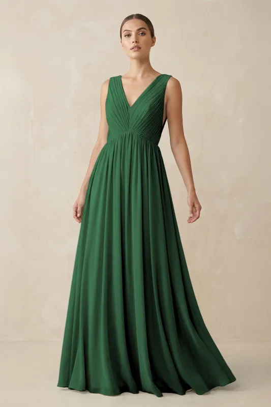 V-Neck Pleated A-Line Chiffon Bridesmaid Dress in Dark Green made by KissProm