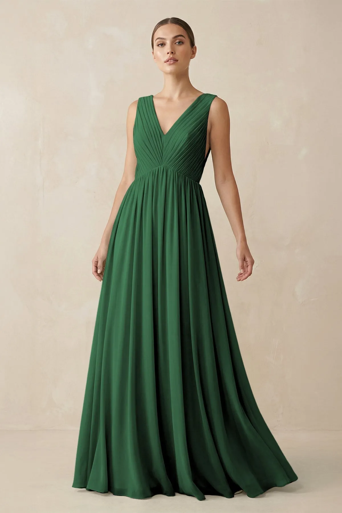 V-Neck Pleated A-Line Chiffon Bridesmaid Dress in Dark Green sold by KissProm