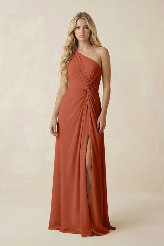 One-Shoulder Ruched A-Line Chiffon Bridesmaid Dress in Spice made by KissProm