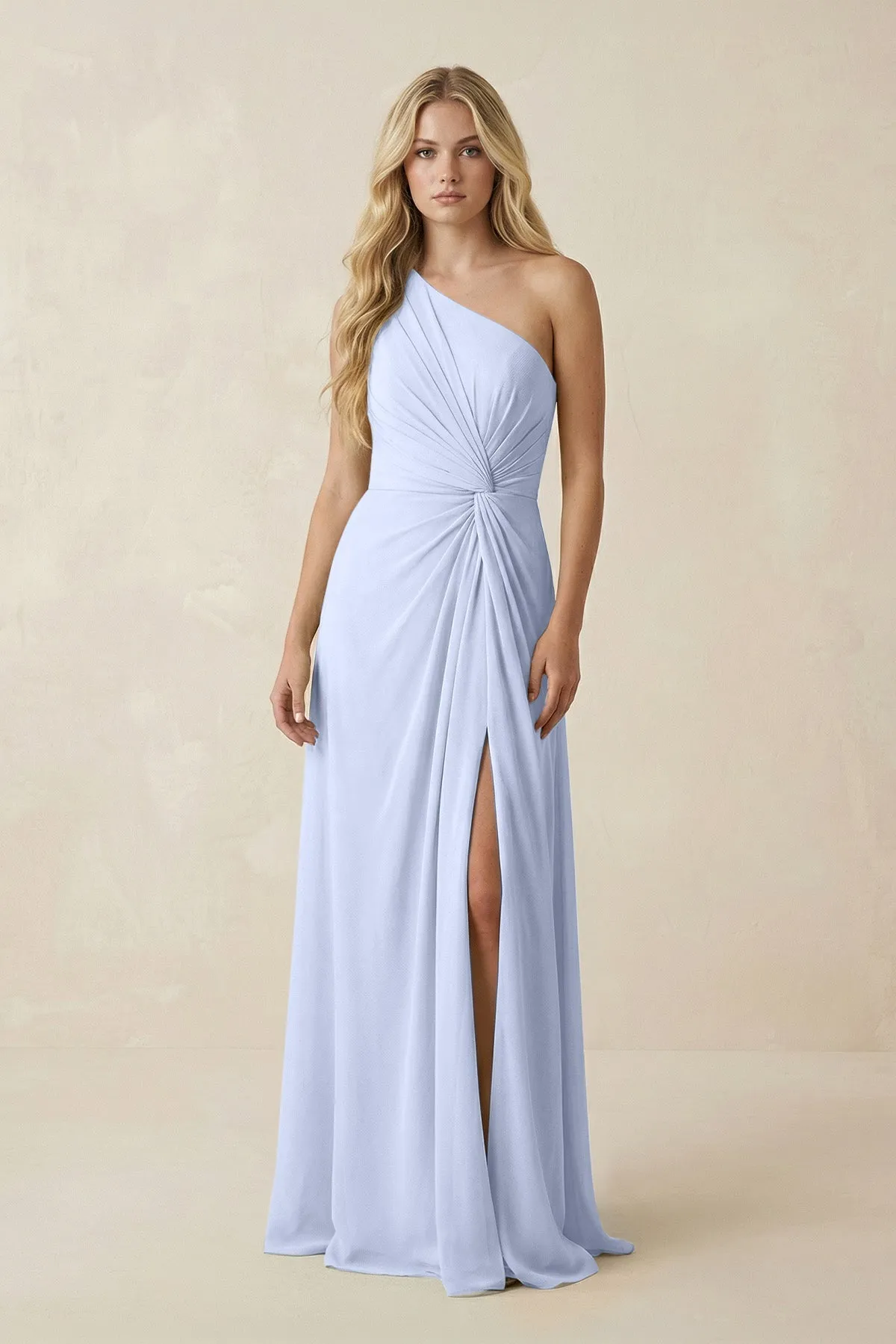 One-Shoulder Ruched A-Line Chiffon Bridesmaid Dress in Ice sold by KissProm