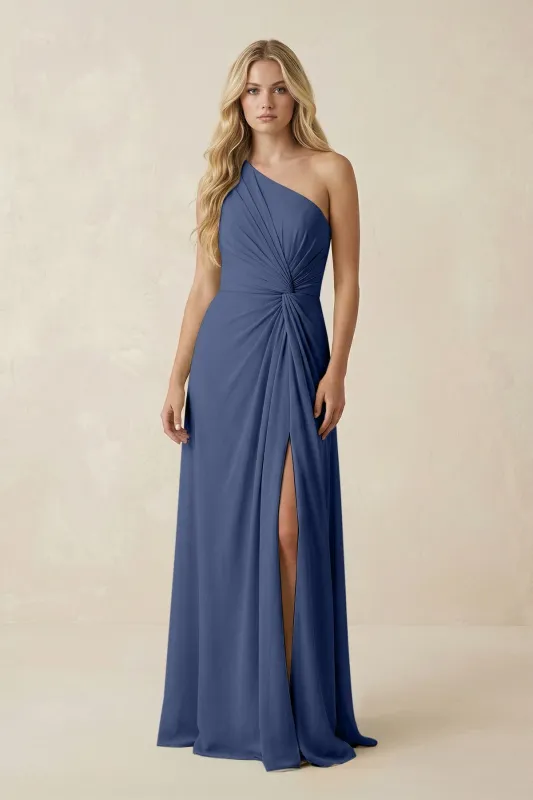One-Shoulder Ruched A-Line Chiffon Bridesmaid Dress in Navy made by KissProm