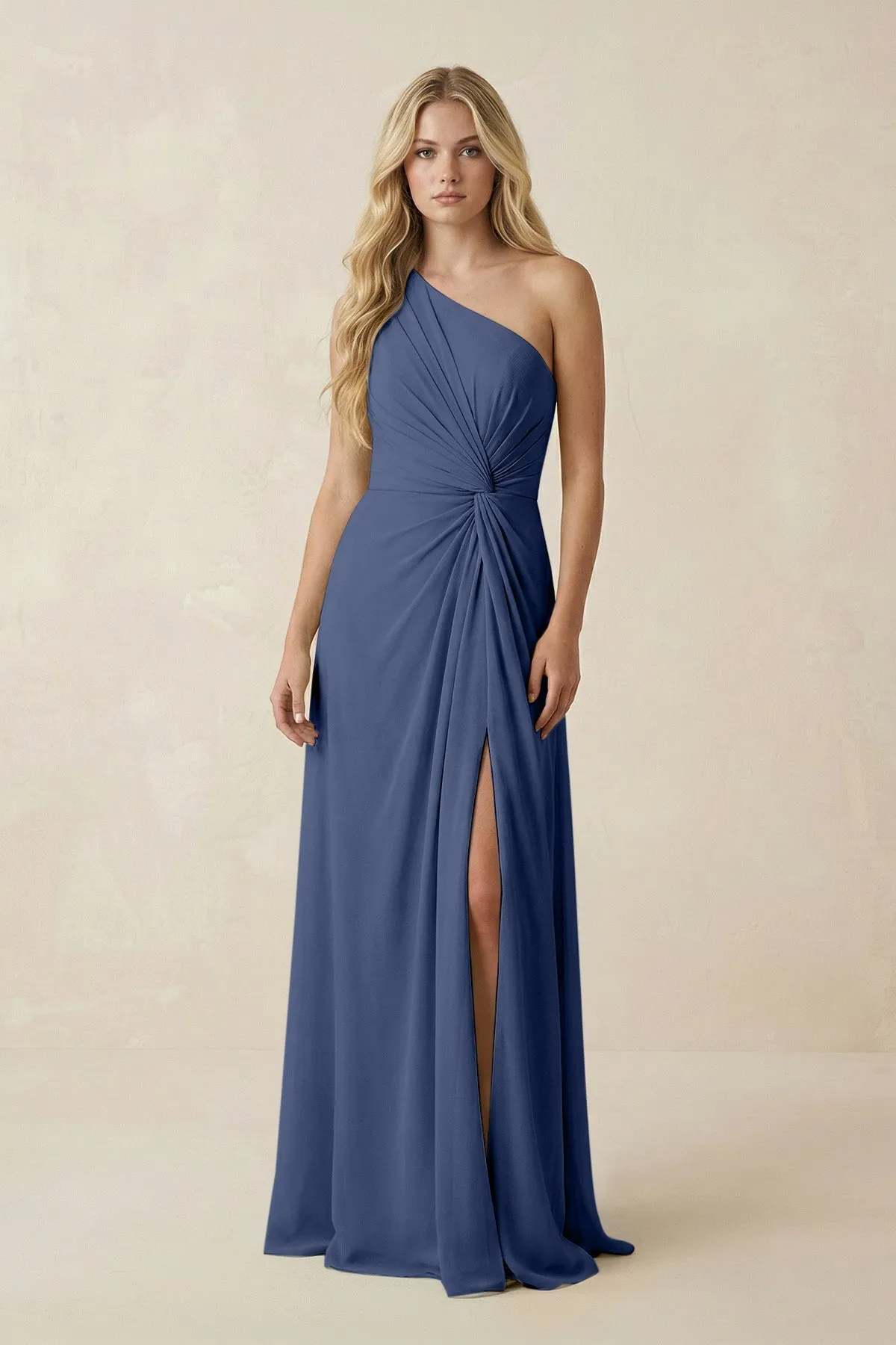 One-Shoulder Ruched A-Line Chiffon Bridesmaid Dress in Navy sold by KissProm