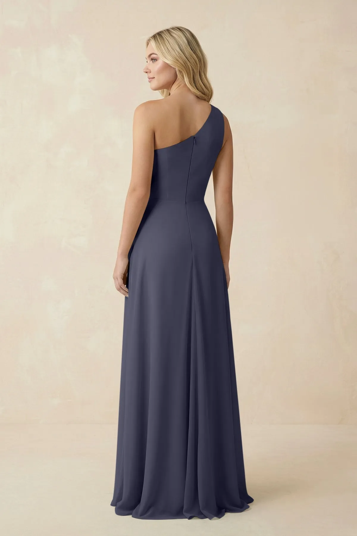 One-Shoulder Ruched A-Line Chiffon Bridesmaid Dress in Dusk Blue sold by KissProm product image thumbnail 2