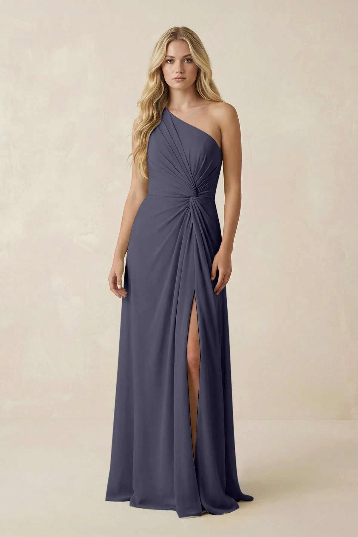 One-Shoulder Ruched A-Line Chiffon Bridesmaid Dress in Dusk Blue sold by KissProm