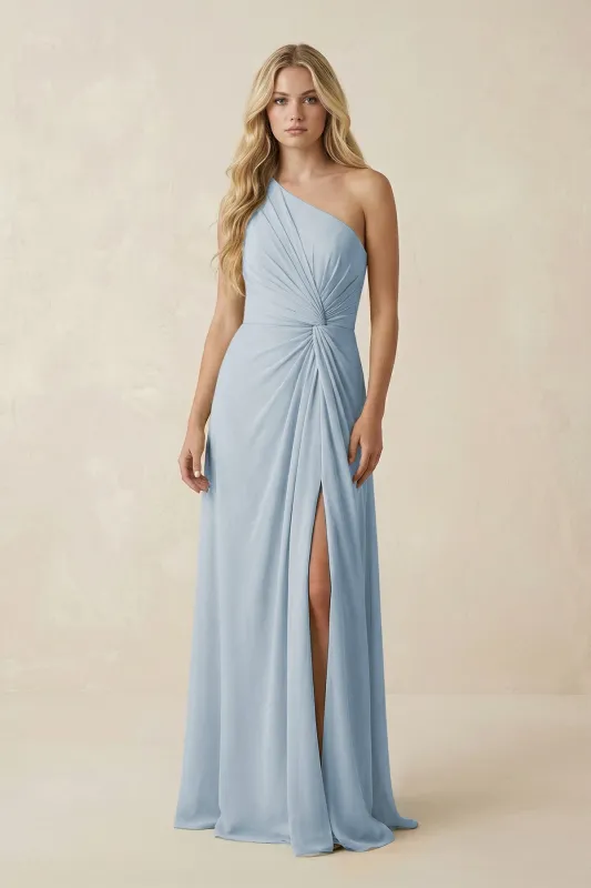 One-Shoulder Ruched A-Line Chiffon Bridesmaid Dress in Dusty Blue made by KissProm