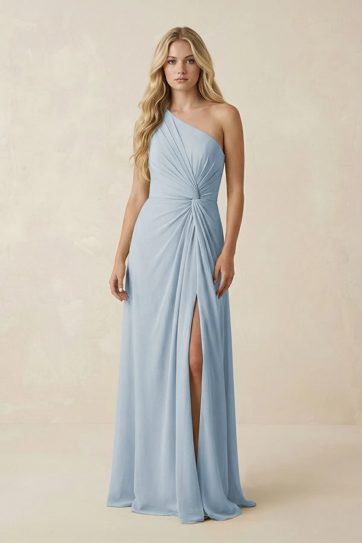 One-Shoulder Ruched A-Line Chiffon Bridesmaid Dress in Dusty Blue sold by KissProm