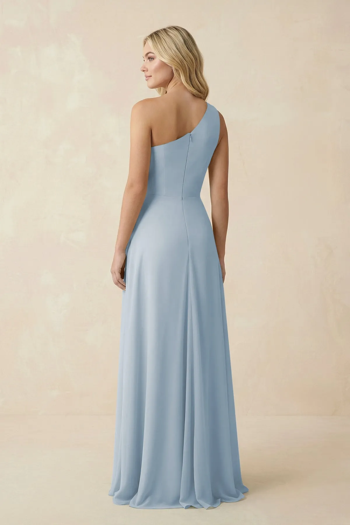 One-Shoulder Ruched A-Line Chiffon Bridesmaid Dress in Dusty Blue sold by KissProm product image thumbnail 2