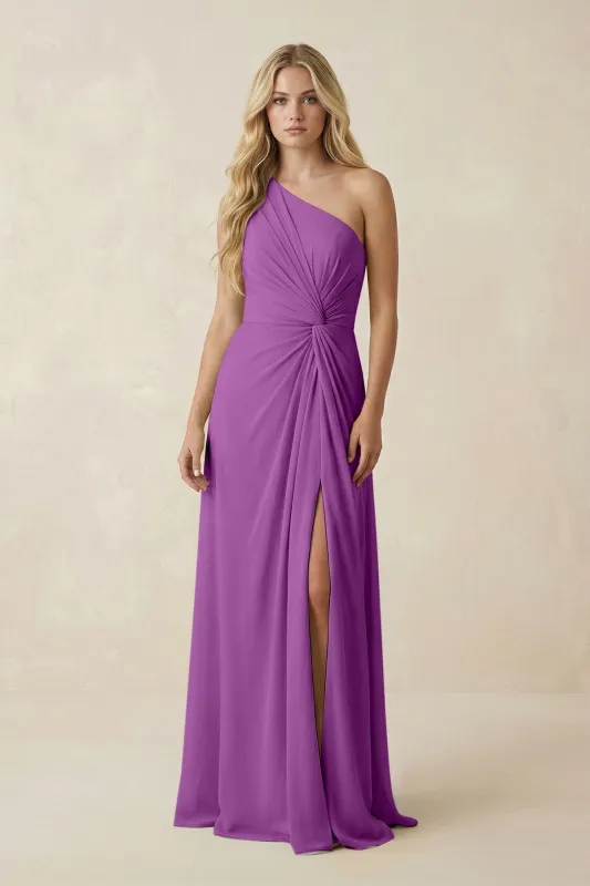 One-Shoulder Ruched A-Line Chiffon Bridesmaid Dress in Amethyst made by KissProm