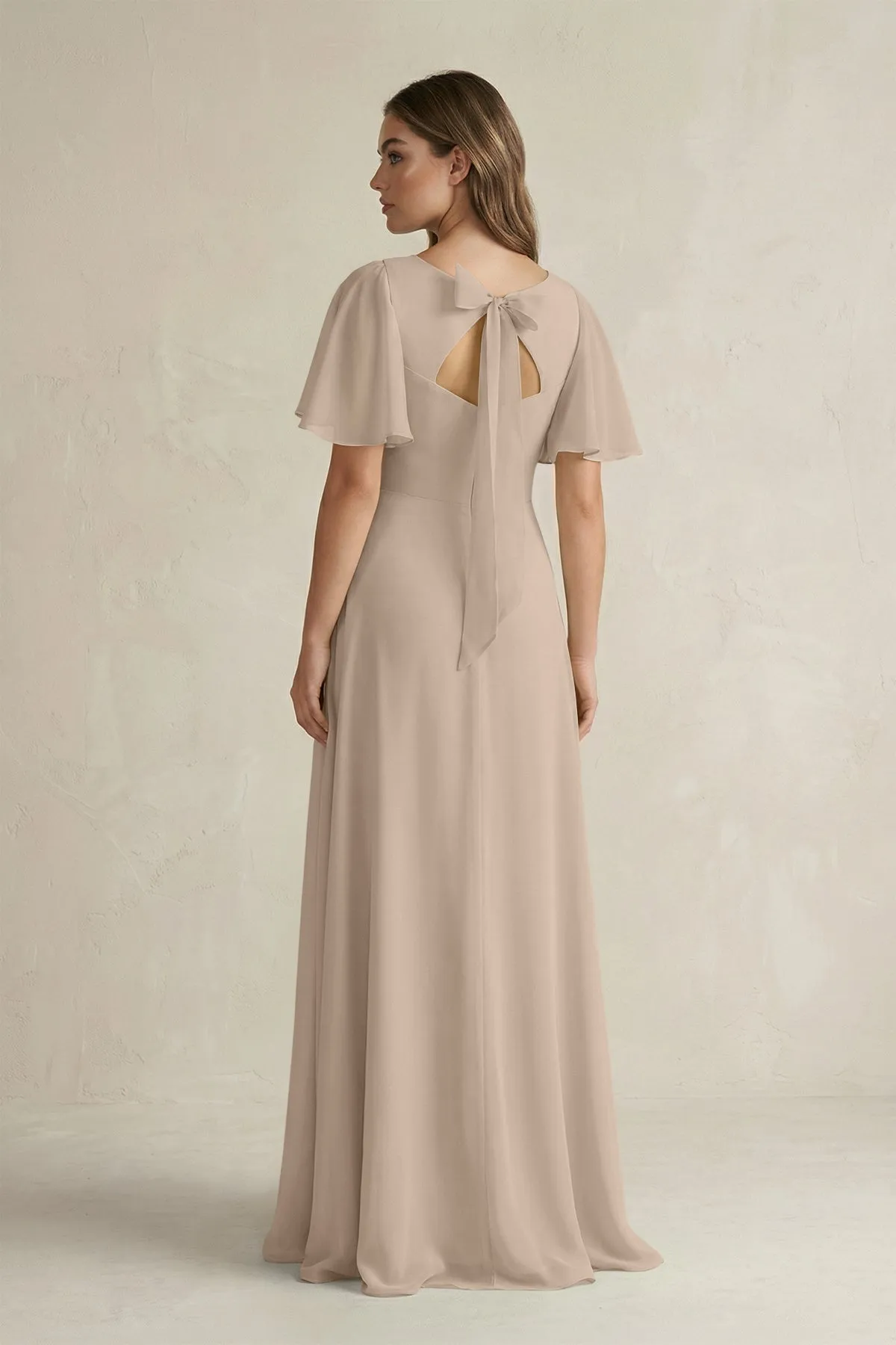 Flutter Sleeve V-Neck A-Line Chiffon Bridesmaid Dress in Almond sold by KissProm product image thumbnail 2