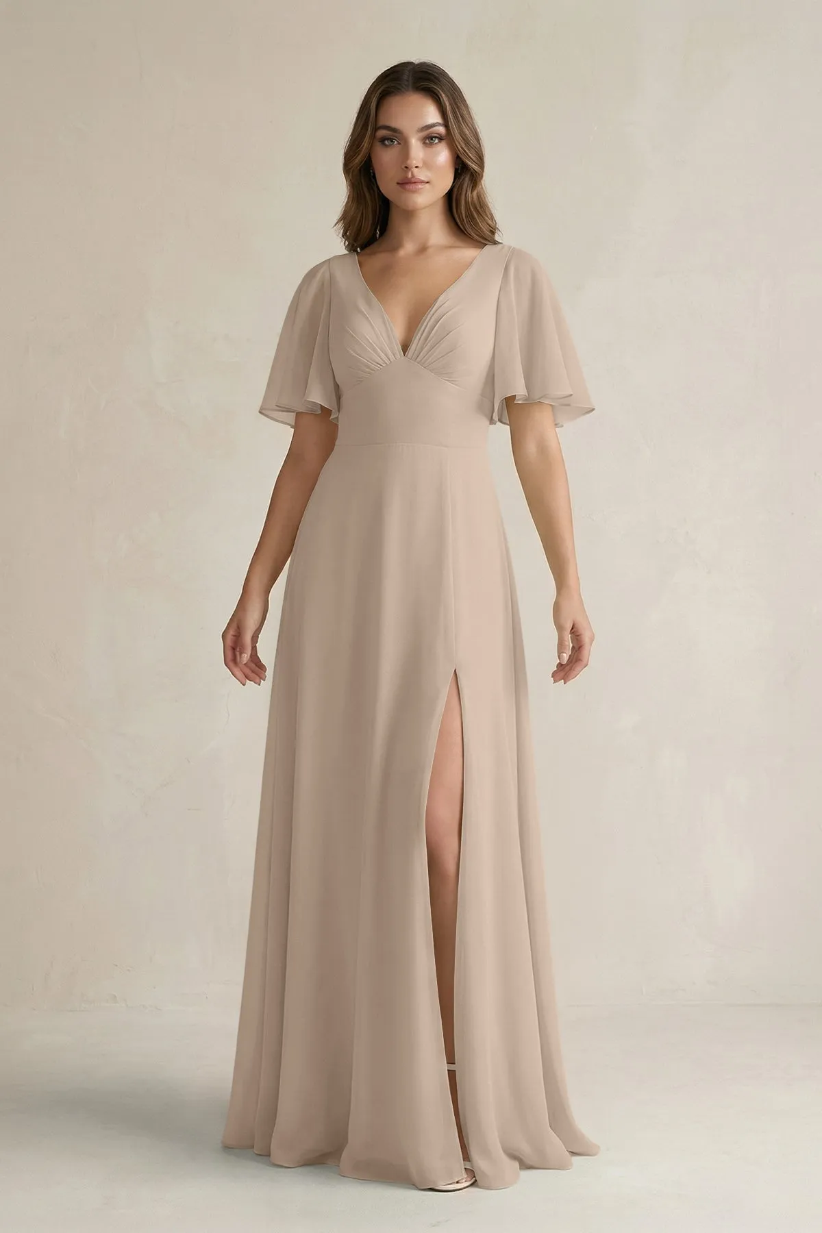 Flutter Sleeve V-Neck A-Line Chiffon Bridesmaid Dress in Almond sold by KissProm