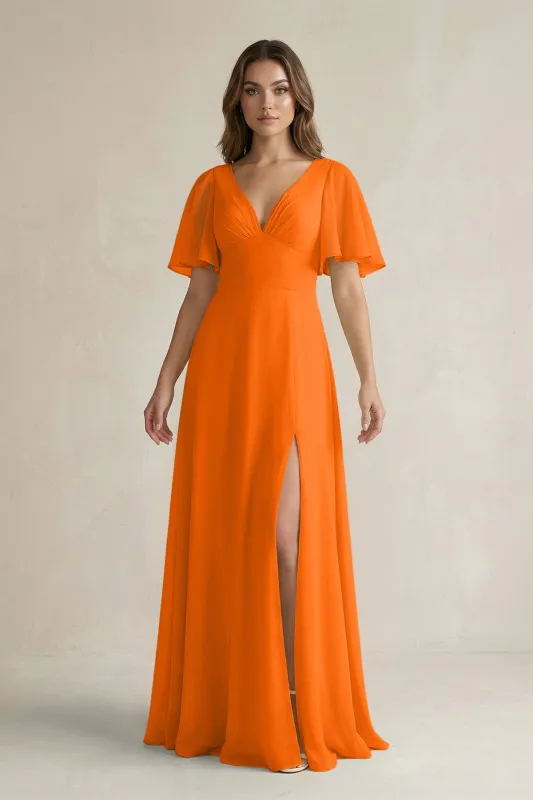 Flutter Sleeve V-Neck A-Line Chiffon Bridesmaid Dress in Cinnamon made by KissProm