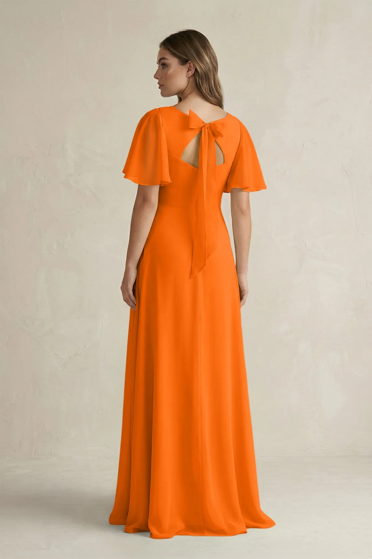 Flutter Sleeve V-Neck A-Line Chiffon Bridesmaid Dress in Cinnamon sold by KissProm product image thumbnail 2