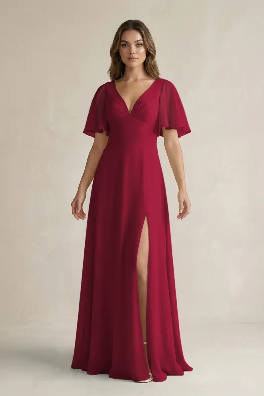 Flutter Sleeve V-Neck A-Line Chiffon Bridesmaid Dress in Berry made by KissProm