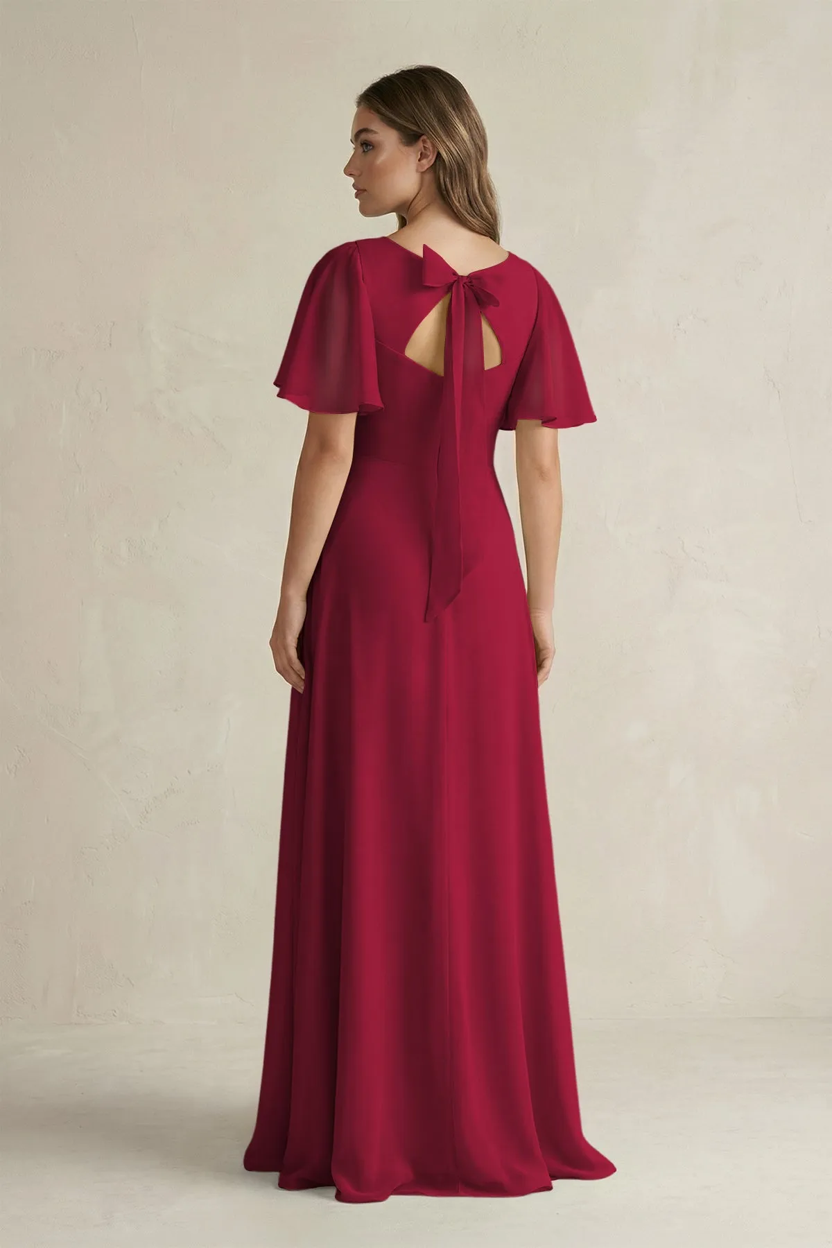 Flutter Sleeve V-Neck A-Line Chiffon Bridesmaid Dress in Berry sold by KissProm product image thumbnail 2