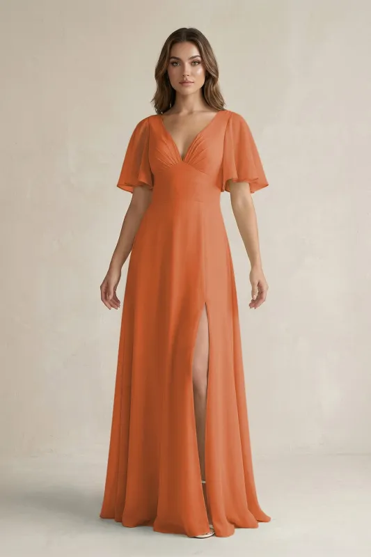 Flutter Sleeve V-Neck A-Line Chiffon Bridesmaid Dress in Terracotta made by KissProm