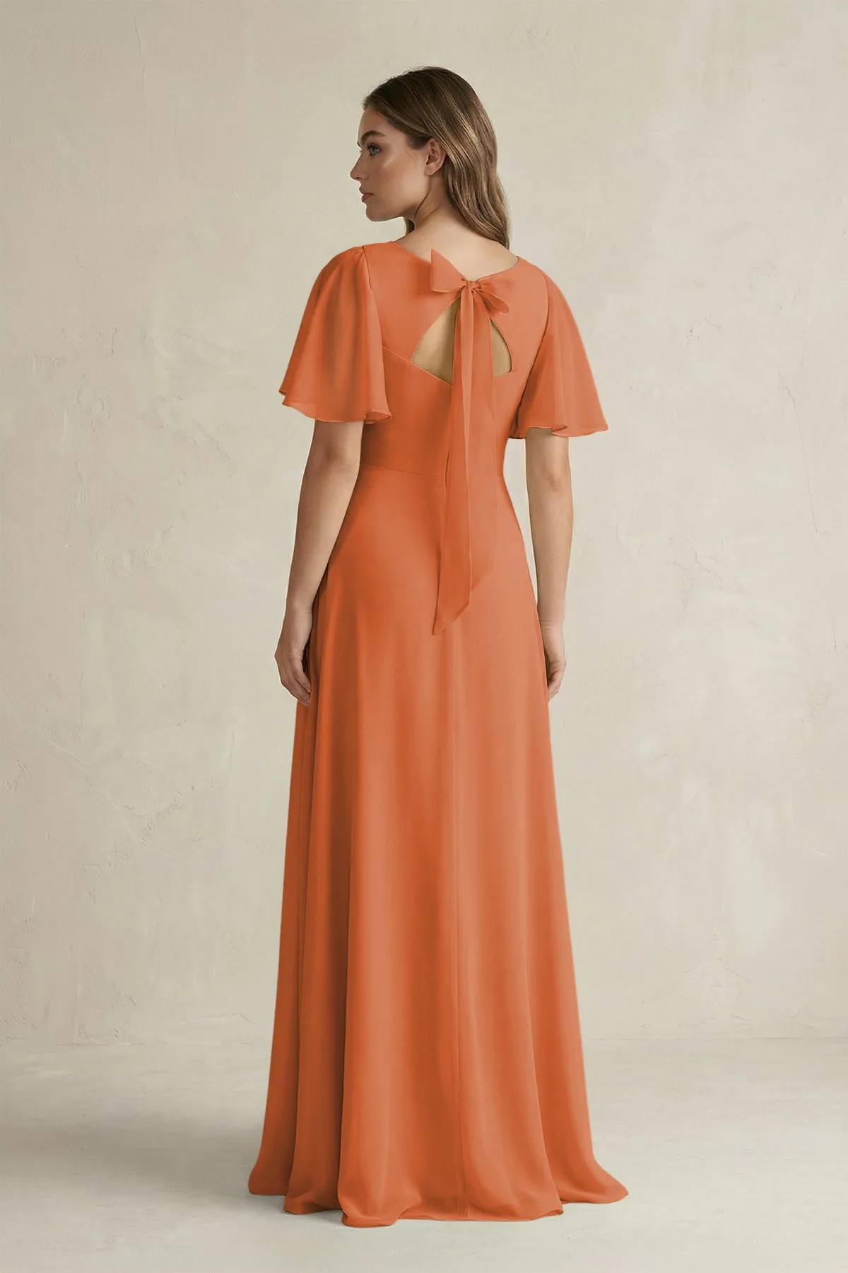 Flutter Sleeve V-Neck A-Line Chiffon Bridesmaid Dress in Terracotta sold by KissProm product image thumbnail 2