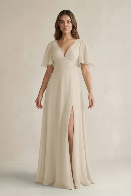 Flutter Sleeve V-Neck A-Line Chiffon Bridesmaid Dress in Champagne made by KissProm