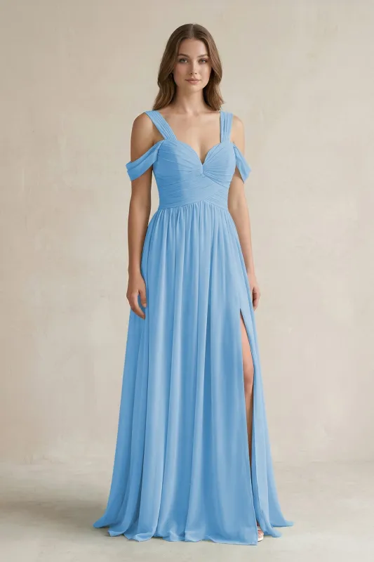 Off-the-Shoulder A-Line Chiffon Bridesmaid Dress With Slit in Steel Blue made by KissProm