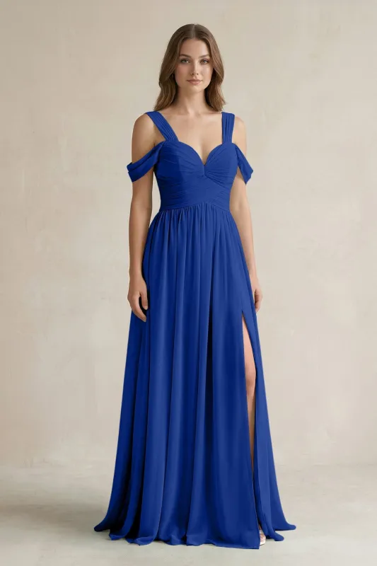 Off-the-Shoulder A-Line Chiffon Bridesmaid Dress With Slit in Royal Blue made by KissProm