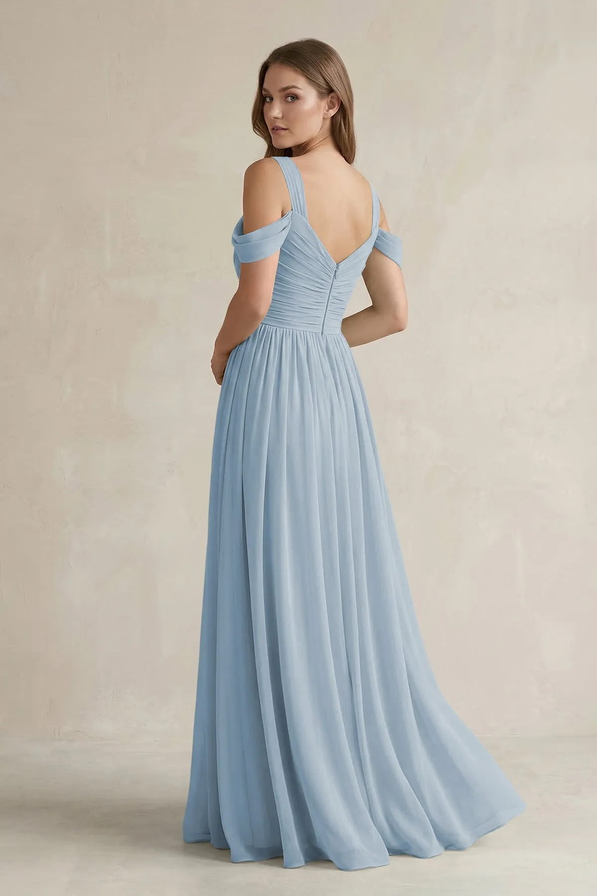 Off-the-Shoulder A-Line Chiffon Bridesmaid Dress With Slit in Dusty Blue sold by KissProm product image thumbnail 2
