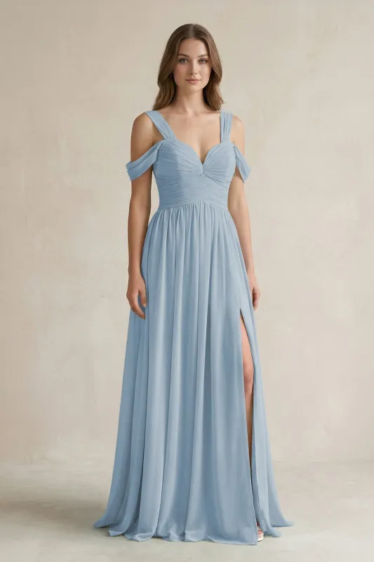 Off-the-Shoulder A-Line Chiffon Bridesmaid Dress With Slit in Dusty Blue made by KissProm
