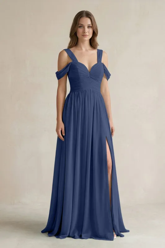 Off-the-Shoulder A-Line Chiffon Bridesmaid Dress With Slit in Navy made by KissProm