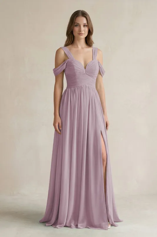 Off-the-Shoulder A-Line Chiffon Bridesmaid Dress With Slit in Dusk made by KissProm