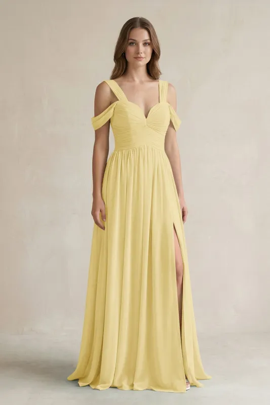 Off-the-Shoulder A-Line Chiffon Bridesmaid Dress With Slit in Pastel Yellow made by KissProm