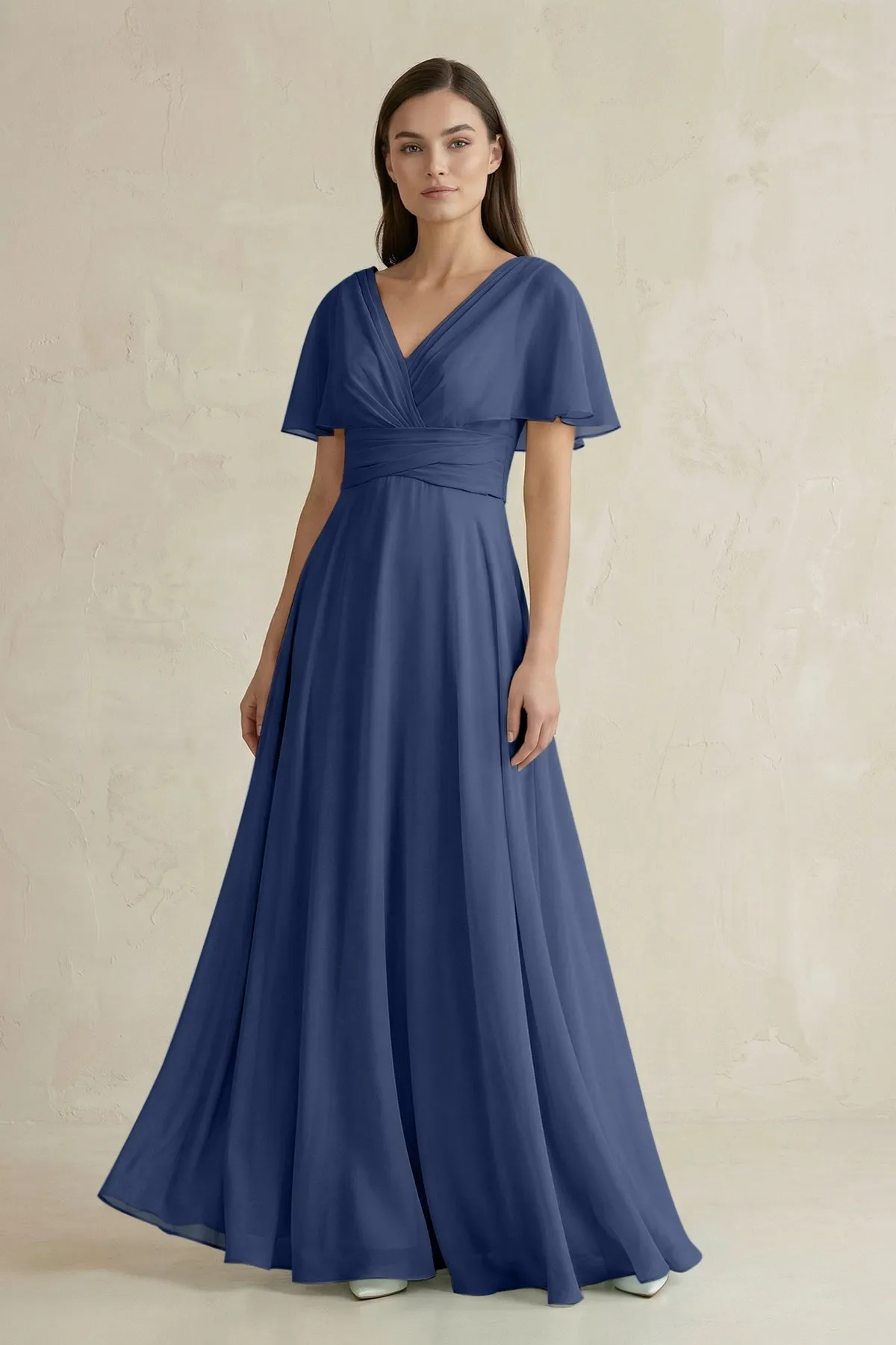 V-Neck Ruffled Sleeve A-Line Chiffon Bridesmaid Dress in Navy sold by KissProm