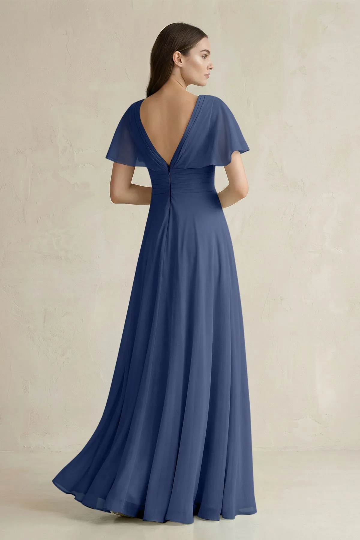 V-Neck Ruffled Sleeve A-Line Chiffon Bridesmaid Dress in Navy sold by KissProm product image thumbnail 2