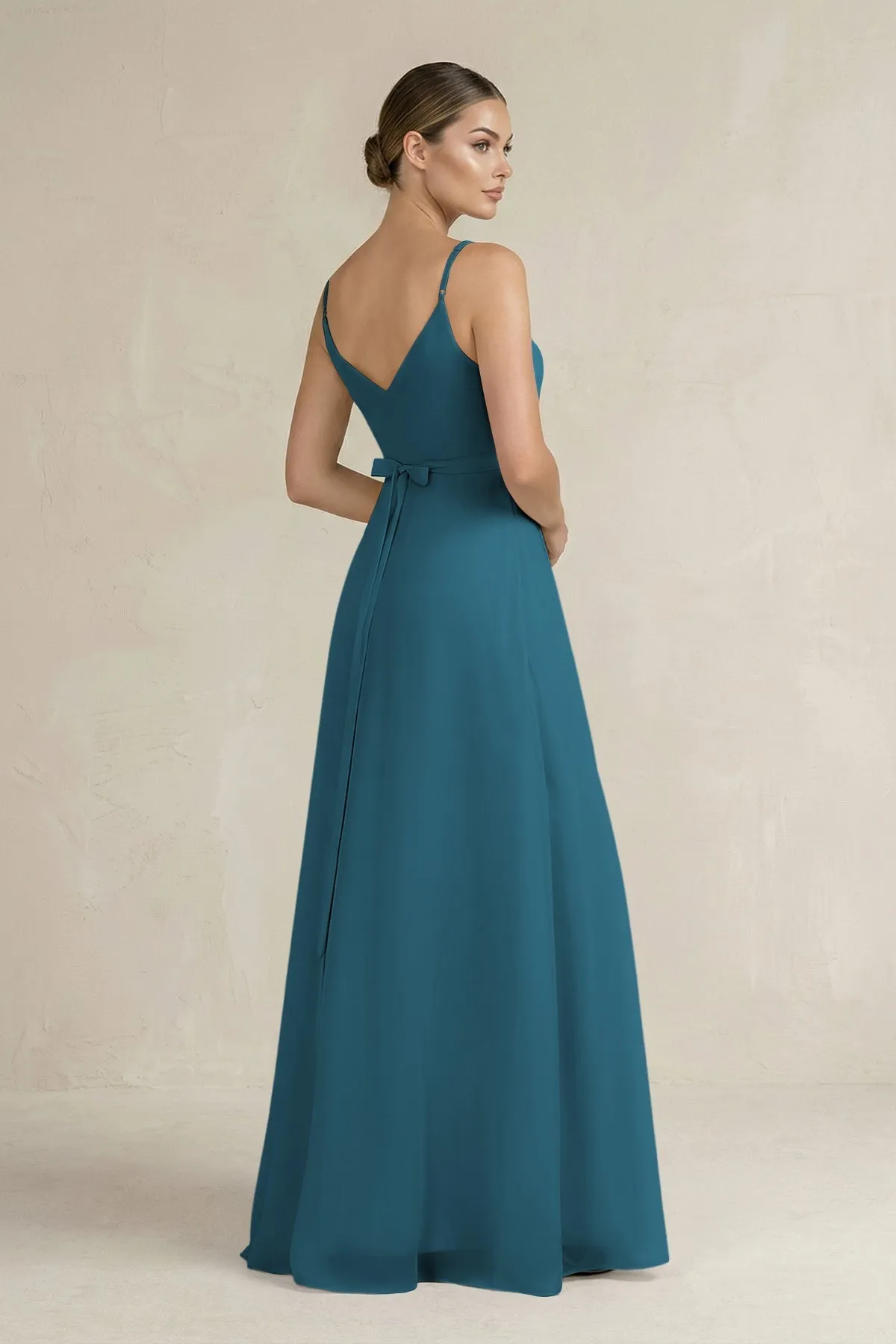 Ruched A-Line Chiffon Bridesmaid Dress with Slit in Dark Teal sold by KissProm product image thumbnail 2