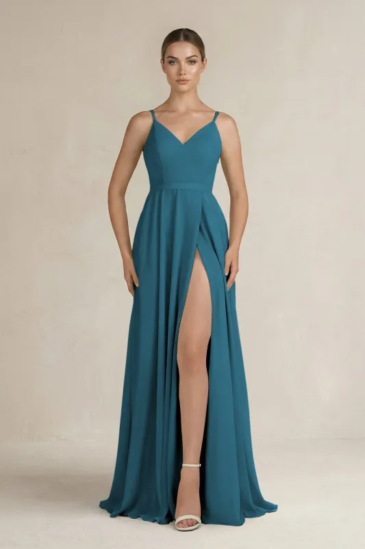 Ruched A-Line Chiffon Bridesmaid Dress with Slit in Dark Teal made by KissProm